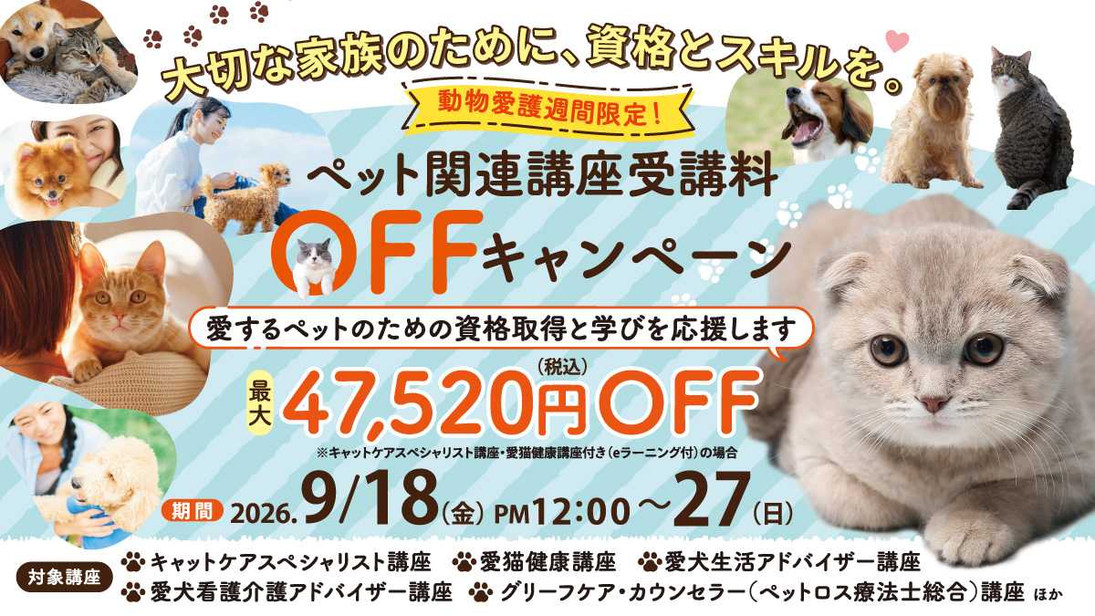 動物愛護週間限定　ペット関連講座受講料OFFキャンペーン