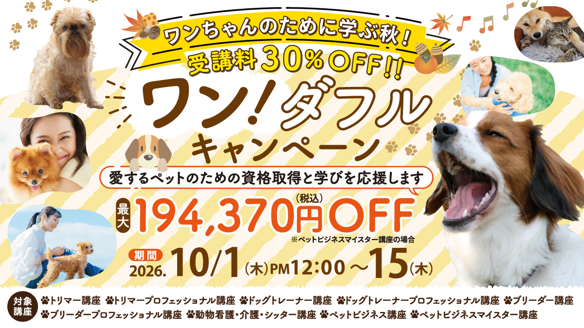 ワンちゃんのために学ぶ秋!30%OFF
ワン!ダフルキャンペーン