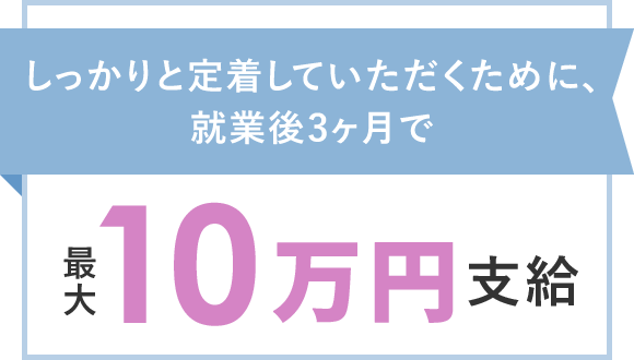 しっかりと定着していただくために、就業後3ヶ月の所定労働日数（1ヶ月の稼働予定日の内、8割に出勤等）で最大10万円支給